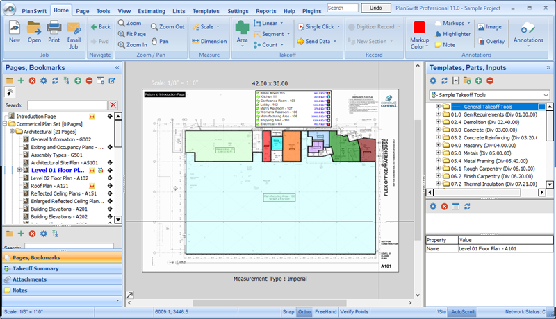 PlanSwift 11’s Home Tab showing completed takeoff on a floor plan